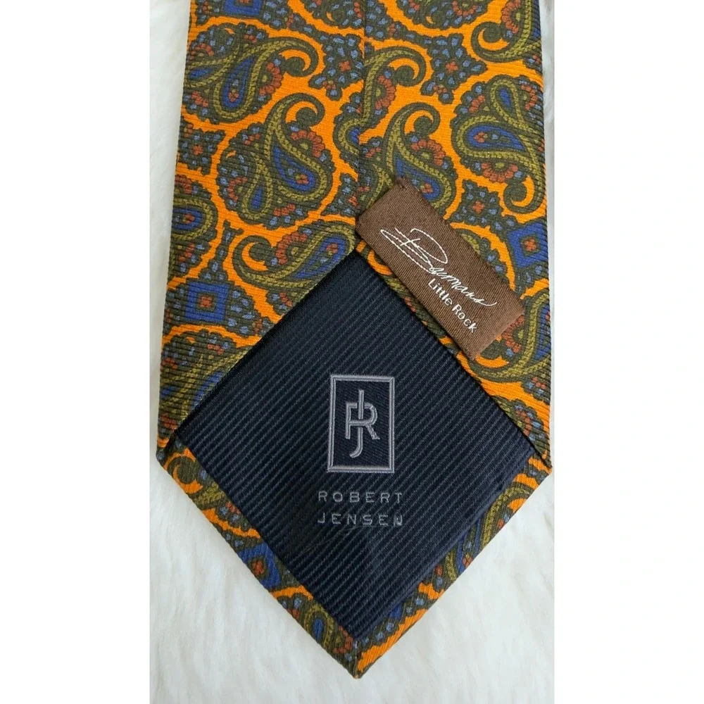 Robert Jensen Mens Silk Paisley Tie Orange Hand Sewn Made in Italy Luxury Dapper
